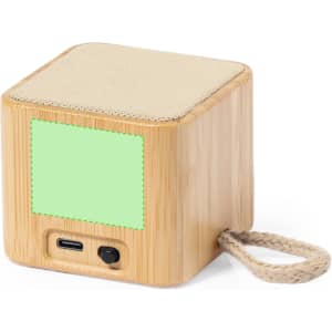 A bamboo-finished speaker featuring a textured fabric top, a USB-C port, and a decorative rope handle.