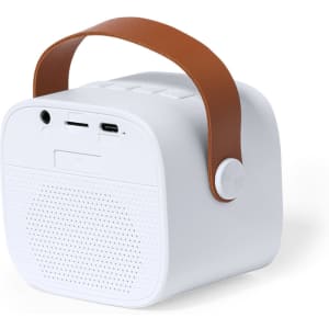 A white karaoke speaker with a brown leather handle, featuring ports and controls on the back.