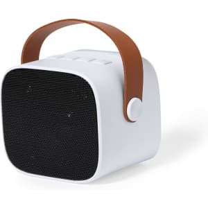 A white karaoke speaker with a black mesh front and a brown leather-style handle.