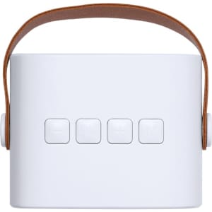 A white karaoke speaker with a brown handle and four buttons on the front.