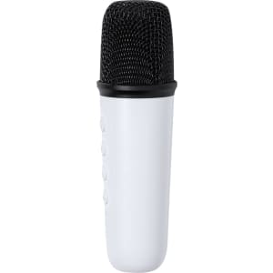 A white karaoke microphone with a black mesh head and several buttons on the body.