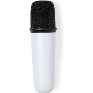 A white karaoke microphone with a black mesh top, featuring a sleek and modern design.