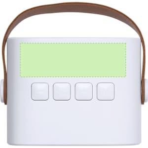 A white karaoke speaker with a leather strap and control buttons, featuring a blank green area, ready for customisation.