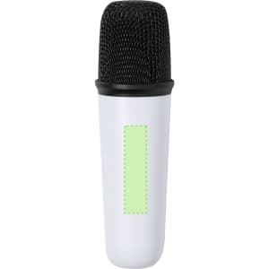 A white karaoke microphone with a textured black grille and a blank green label area.