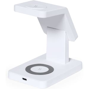 A white wireless charger with a sleek stand design, featuring a circular charging pad and a logo.