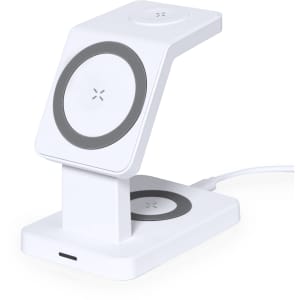 A wireless charger in white with a sleek design, featuring two charging pads and a visible cable connection.