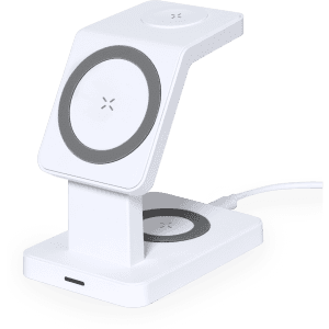 A wireless charger in white with a grey circular charging area and a modern, upright design.