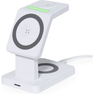 A wireless charger in white with a sleek, modern design and an LED indicator on top. It includes a logo on the base.