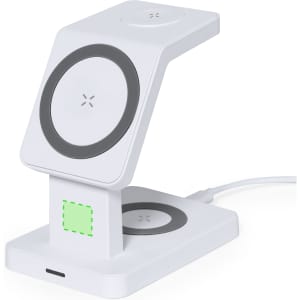 A white wireless charger with a sleek, modern design featuring two charging pads and a subtle LED indicator.