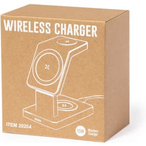 A wireless charger in a brown box, featuring a modern design and a simple logo.
