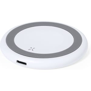 A round, white wireless charger with a grey ring around the edge and a USB port on one side.