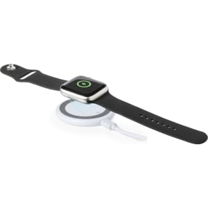 A wireless charger in white with a black smartwatch positioned on top, featuring a circular design and a branding logo.