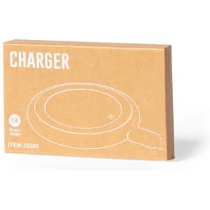A wireless charger in a brown box with white outlines of the charger design. The packaging has a logo.