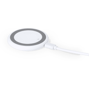 A wireless charger in white with a grey accent, featuring a cable connected for charging.