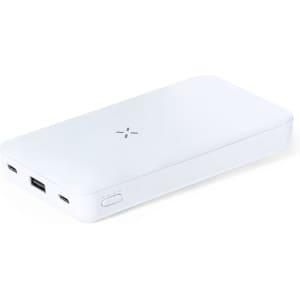 A white power bank with multiple ports and a logo, designed for charging devices.