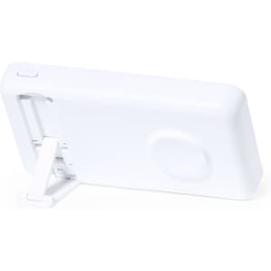 A white power bank with a built-in stand and branding on the back.