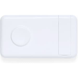 A white power bank with a circular feature on one side and a sliding section on the other side.