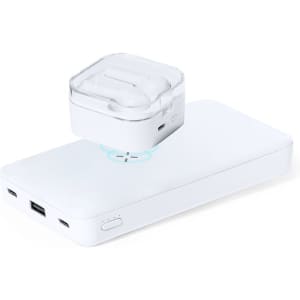 A white power bank with a transparent wireless earbud case resting on top, featuring a logo on the power bank.