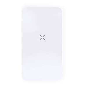 A white power bank with a simple design and a logo in the centre.
