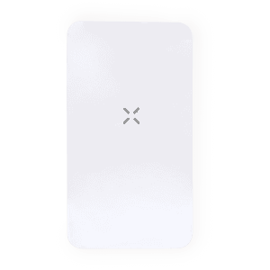 A white power bank featuring a simple design and a logo. Suitable for charging devices on the go.