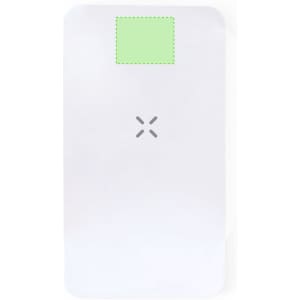 A power bank with a sleek white design, featuring a green accent and a logo on the surface.