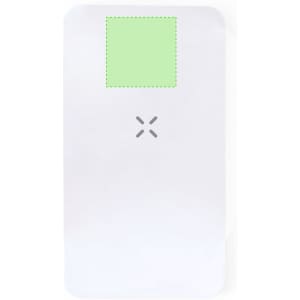 A white power bank with a green square section and a logo.