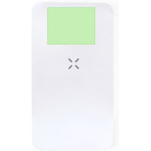 A power bank in white with a green square at the top and a small logo in the centre.