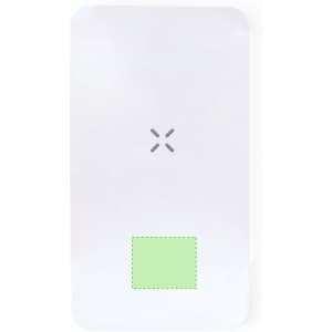A white power bank with a light green section at the bottom and a logo.
