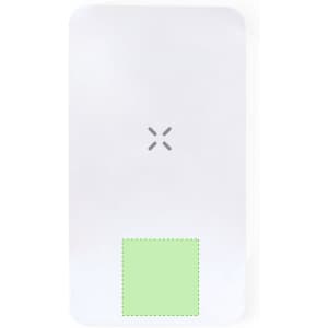 A white power bank featuring a small green section at the bottom and a logo on the surface.