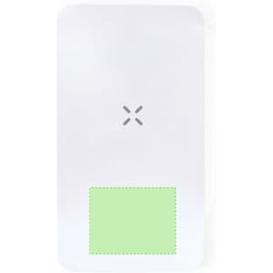 A white power bank with a stylised graphic in green at the bottom and a logo in the centre.