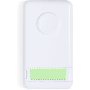 A white power bank with a circular indentation and a rectangular area for branding.