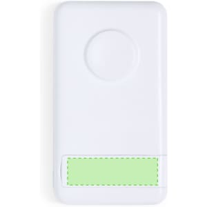 A white power bank with a circular indent and a blank green area at the bottom, featuring a logo.