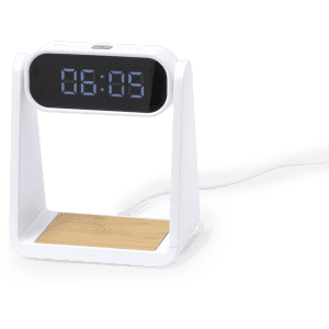 A white multifunction alarm clock with a digital display and bamboo base, featuring a wireless charging pad.