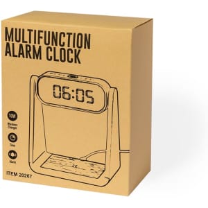 A cardboard box featuring a multifunctional alarm clock design, with a digital display and wireless charging capability.