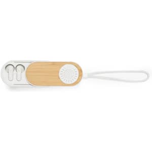 A pair of white earphones with a bamboo and white casing, featuring a carry handle and built-in speaker.