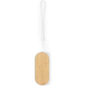 A wooden-style earphone case with a white strap, featuring a smooth, oval design.