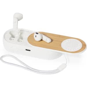 A pair of white earbuds rests in a case with a bamboo lid, featuring a cord and a USB port.