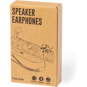 A brown cardboard box containing Gissel Speakers Earphones, illustrated with musical notes and features like Bluetooth and hands-free.