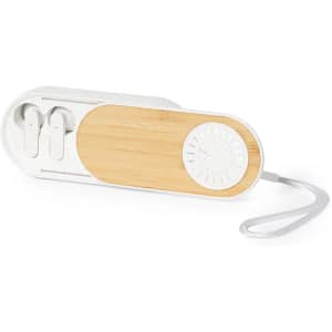 A pair of white earphones in a stylish bamboo and white case, featuring a round speaker grille.