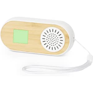 A pair of Gissel earphones with a white body and bamboo accents, featuring a speaker grill and a strap.