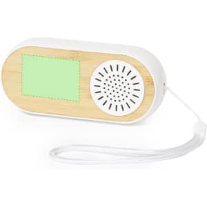 A Gissel Speaker Earphone in white and bamboo design, featuring a speaker mesh and a strap.