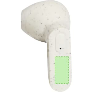 A white earphone with a textured finish, featuring a green area on the side and a small logo.