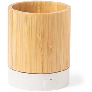 A bamboo and white pencil holder with a cylindrical design, featuring a smooth finish and an integrated logo.