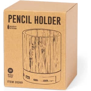 A pencil holder packaged in a brown box, featuring a wood-like design and equipped with a wireless charger.