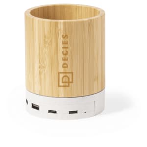 A bamboo multifunction pencil holder with USB ports at the base and a logo.