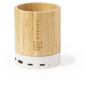 A bamboo multifunction pencil holder with a white base and multiple USB ports, featuring a logo.