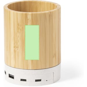 A bamboo and concrete multifunction pencil holder with USB ports, featuring an empty area for branding.