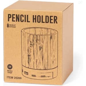 A pencil holder in a natural wood design, packaged in a brown box with a logo and multiple ports at the base.