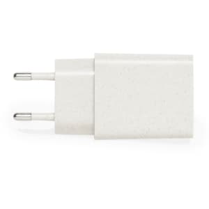 A USB car charger in a light grey colour with two prongs and a simple design, featuring a logo.