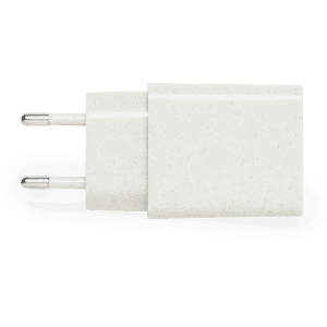 A USB charger in a creamy white colour with two prongs, featuring a simple design and a logo.